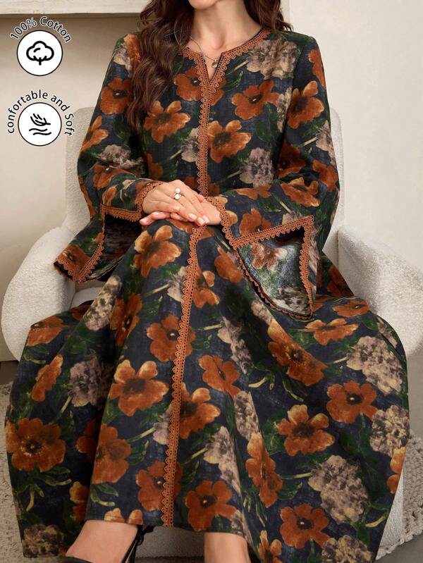 Al Najma Robe modeste élégante à manches longues avec col cranté, imprimé floral, pour femmes