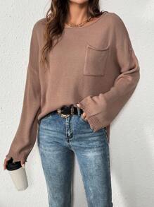 SHEIN LUNE Suéter informal oversize con cuello ancho, hombros caídos, diseño rasgado, bolsillo delantero y parte posterior talla grande larga