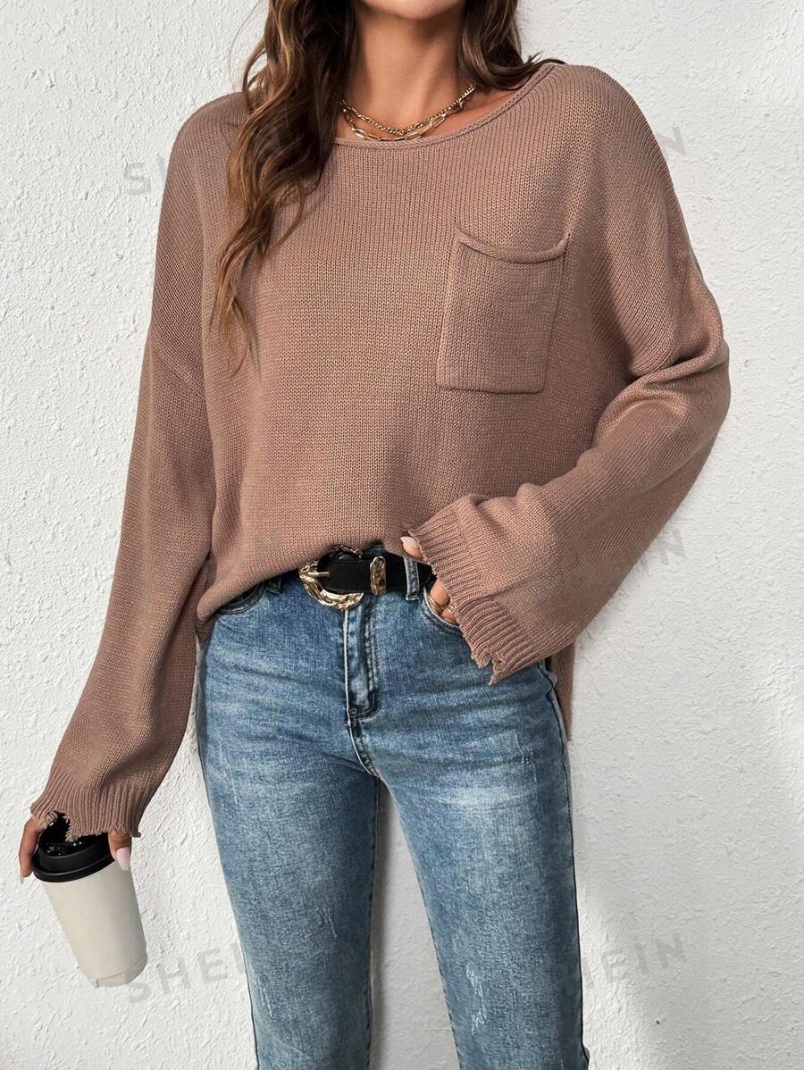 SHEIN LUNE Suéter informal oversize con cuello ancho, hombros caídos, diseño rasgado, bolsillo delantero y parte posterior talla grande larga