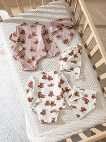 Cozy Pixies Ensemble de 5 pièces pour bébé fille: Bonnet en maille avec oreilles 3D d'ours de bande dessinée doux, bodies, bavoir, convient pour le printemps/automne, intérieur, extérieur, décontracté, fête du premier mois et autres occasions