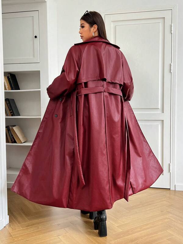 SHEIN EZwear Valentine's Day,Plus Size Women Trench Coat With Faux Leather Belt, Lined, For Autumn Winter