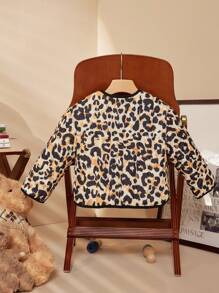 PrepCrw Young Girls' Pumpkin Orange & Brown Leopard Print Round Neck Long Sleeve Padded Coat For Autumn/Winter - Beige - View 2