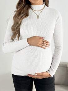 SHEIN Maternity Solid Color Stand Collar Long Sleeve Minimalist Sweater, Casual Everyday Wear, For Winter