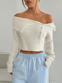 SHEIN Unity 女士休闲纯色性感前开露肩开衫，秋季 - 白色 - 查看 6