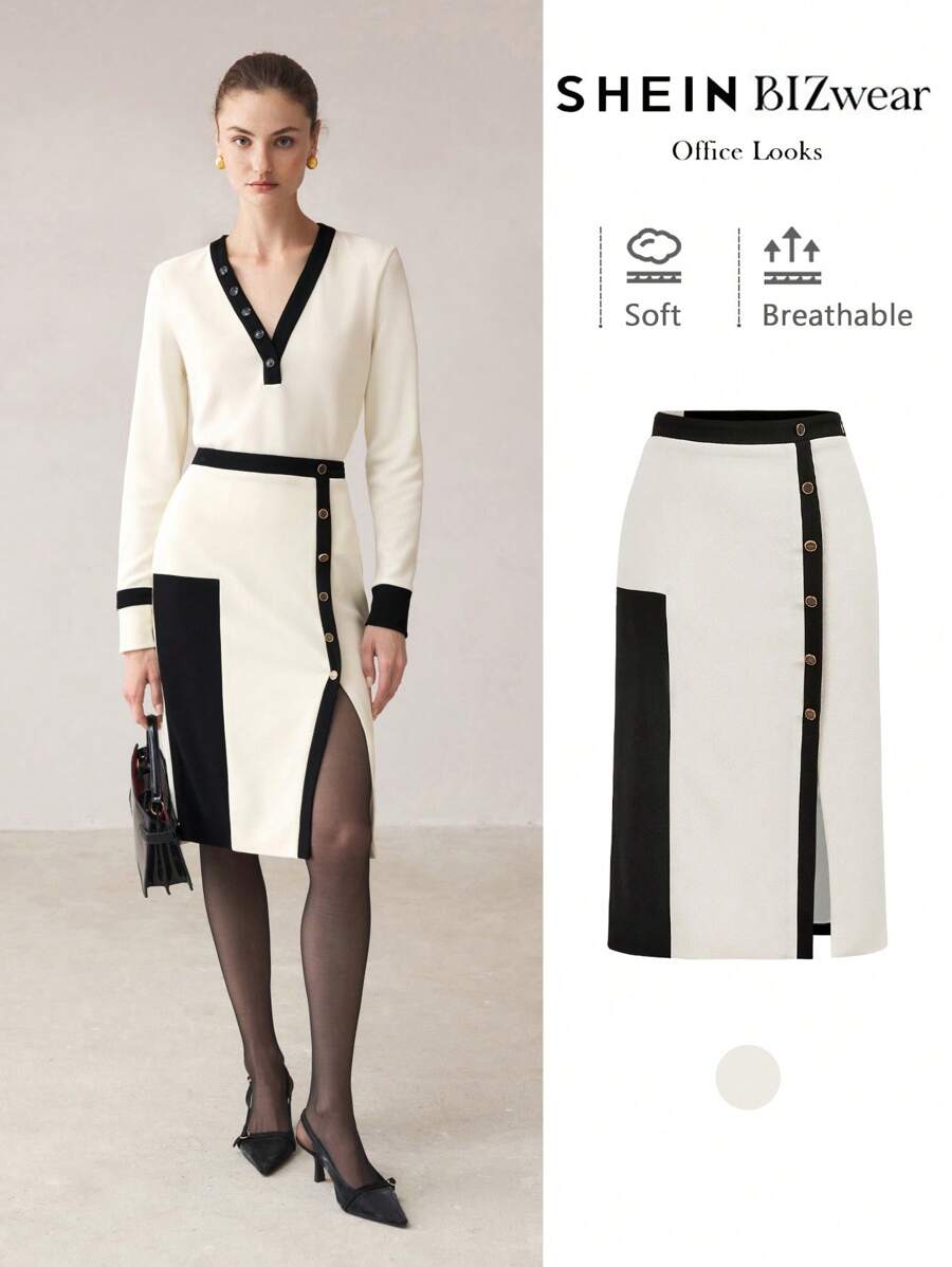 BizChic White Color Block Knit Skirt, Suitable For Christmas, New Year Party, Autumn/Winter Wear - Apricot - View 1
