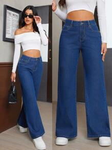 SHEIN Essnce Damskie jeansy casualowe z szerokimi nogawkami i przetarciami