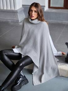 Chiquease High Neck Asymmetric Hem Pullover Sweater Knit Pullover Fall Winter Outfit - Grey - View 5