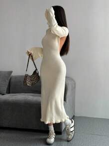 SHEIN Unity Casual Everyday Elegant Flared Sleeve Cinched Waist Sweater Dress, Autumn/Winter - Apricot - View 3