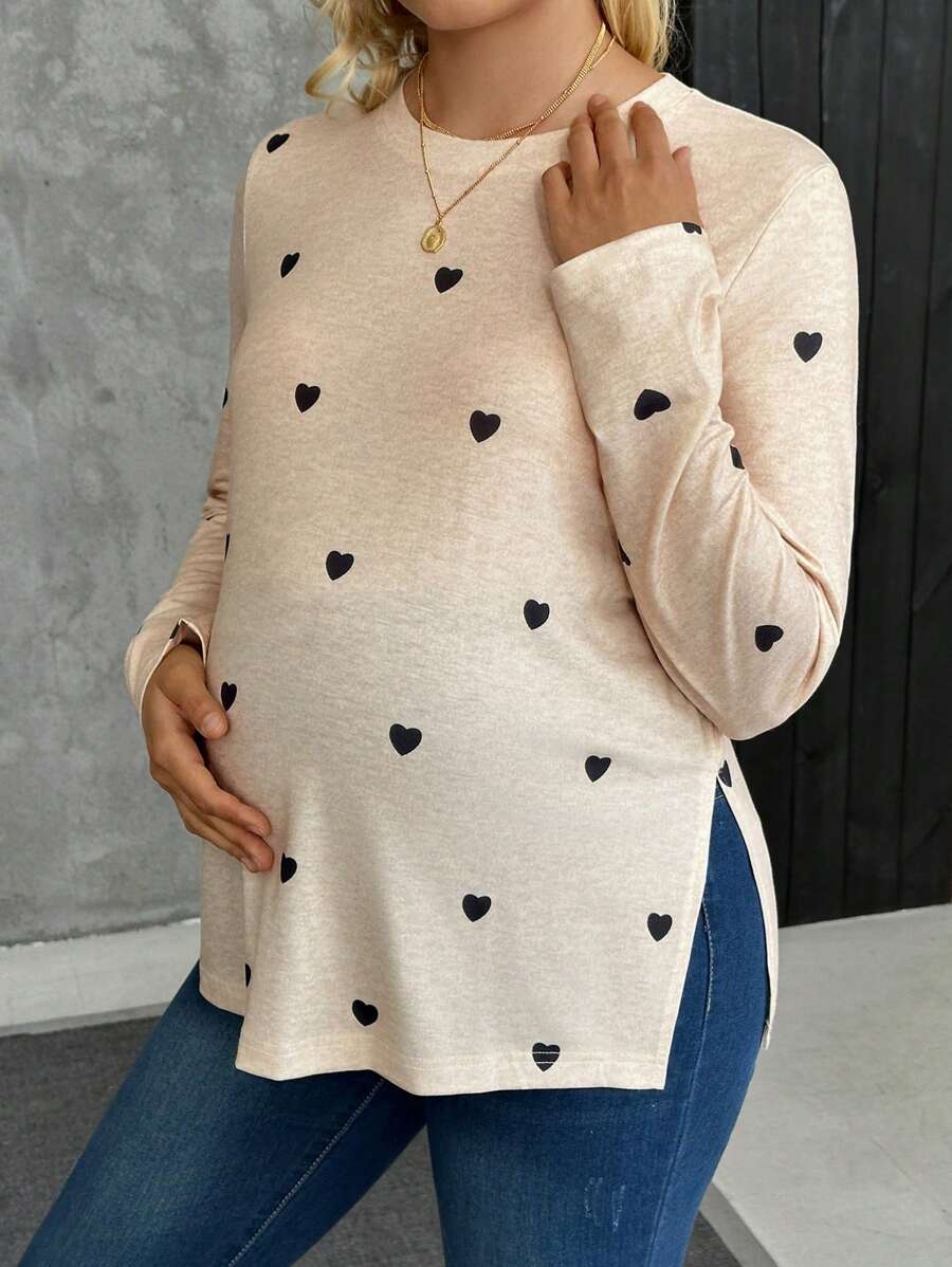 SHEIN Maternity Autumn Heart Print Round Neck Long Sleeve Side Split Hem Casual T-Shirt