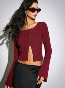 Poéselle 女士休闲纯色前扣喇叭袖开衫，秋季 - 玫瑰紅 - 查看 1