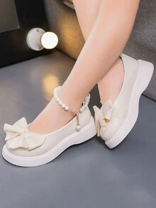 1 đôi giày công chúa đế bằng đơn giản màu trơn trang trí nơ, mũi tròn bằng da PU, thoải mái, phù hợp cho mùa xuân và mùa thu - Màu be - Xem 5