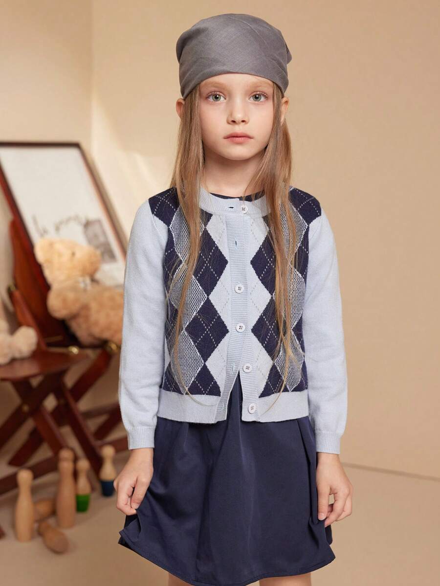 PrepCrw Young Girl Casual Diamond Pattern Button-Up Cardigan, Suitable For Autumn/Winter - Blue - View 1