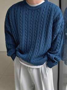 DAZY 1pc Men's Autumn Navy Blue Ribbed Twisted Flower Pattern Sweater - Blue - View 1
