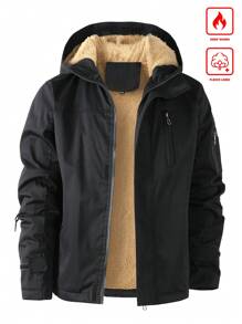 Manfinity Homme Men Work Going Out Hooded Black Sherpa Jacket, Outdoor Windbreaker For Friends, Husband, Boyfriend Gifts