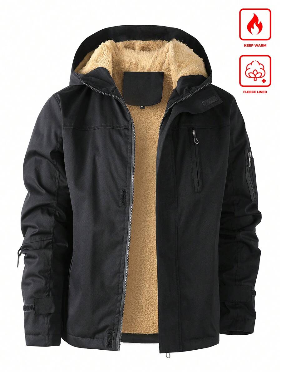 Manfinity Homme Men Work Going Out Hooded Black Sherpa Jacket, Outdoor Windbreaker For Friends, Husband, Boyfriend Gifts