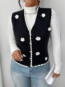 SHEIN Frenchy Casual 3D Floral Pattern Black & White Knitted Cardigan, Plus Size, Suitable For Autumn & Winter