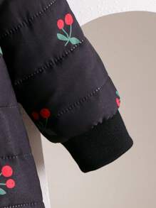 SHEIN 年轻女孩长袖樱桃印花连帽夹克，带保暖内衬，罗纹袖口，黑色，冬季保暖长款年轻女孩外套 - 黑色 - 查看 6