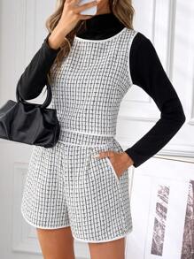 SHEIN Clasi 1 conjunto de top sin mangas y shorts de cuadros grandes para mujer, ropa profesional de otoño/invierno - Albaricoque - Ver 3