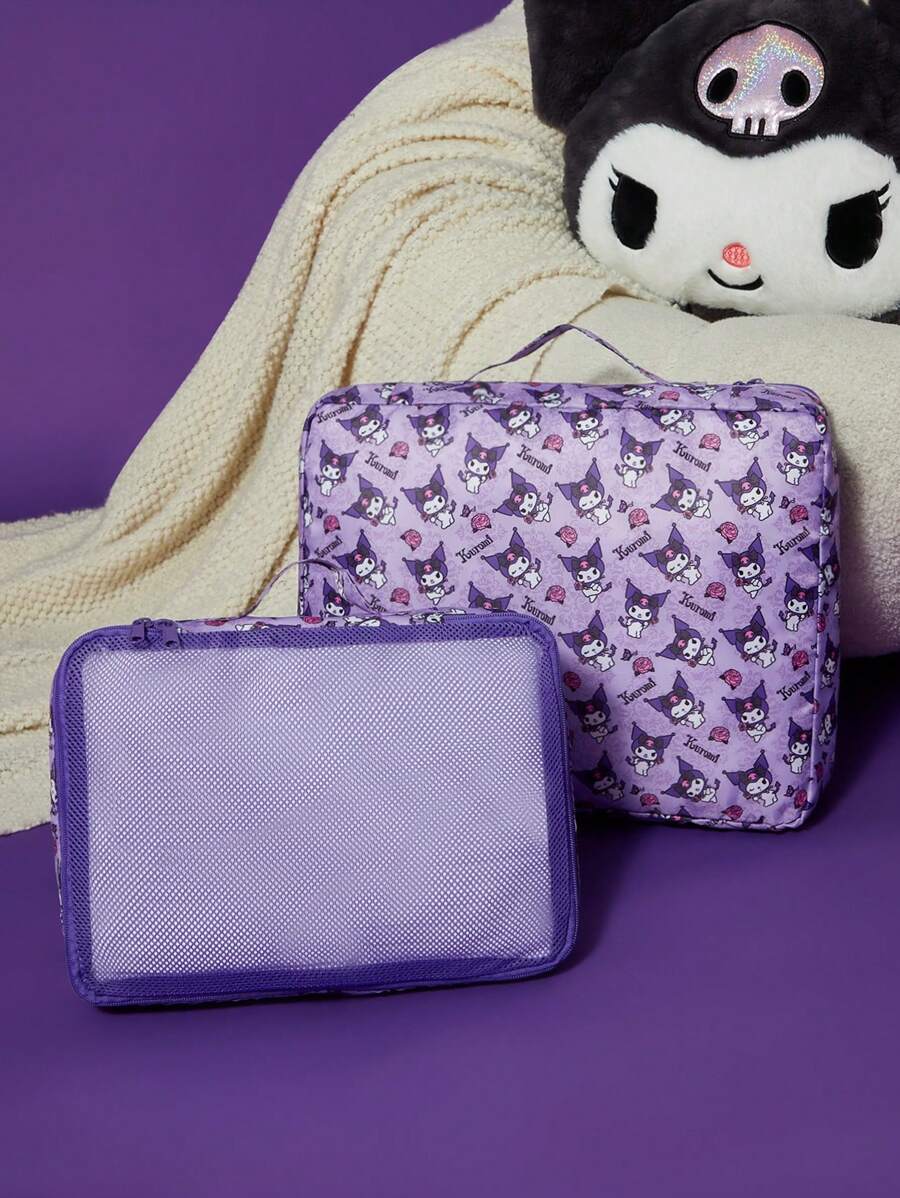 HELLO KITTY AND FRIENDS | SHEIN Full Printed Contrast Mesh Zipper Front Travel Organizer Bag - Purple - View 1