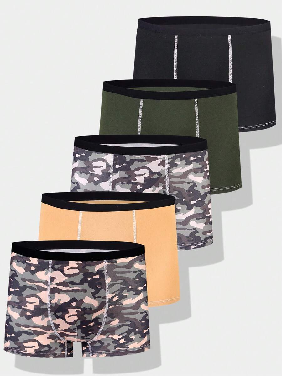 5 条装纯色迷彩舒适柔软透气平角内裤，适合青少年男孩 - 彩色 - 查看 1