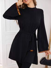 Mulvari Blusa elegante de longitud media con cintura ceñida, parches y cintas doradas, para otoño