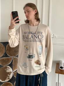 Mainfolk Men Knit Casual Loose Fit Long Sleeve Printed T-Shirt, Fashionable Everyday Style - Beige - View 3