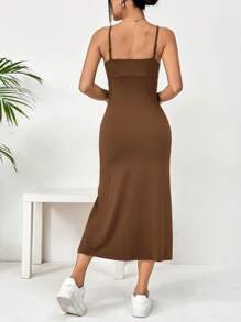 SHEIN EZwear 1pc Women Solid Color Pleated Casual High Slit Camisole Dress - Coffee Brown - View 3