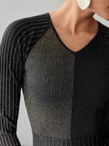 Women's Autumn Color Block V-Neck Long Sleeve Fitted Elegant Sweater Dress