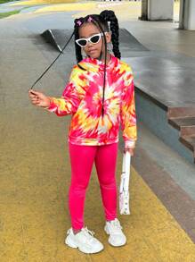 SHEIN 2pcs/Set Tween Girls Yellow & Fuchsia Tie Dye Graphic Tee And Fuchsia Leggings Streetwear Set - Multicolor - View 3