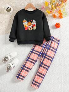 Set de 2 piezas: Blusa de manga larga con estampado de calabaza y pantalones a cuadros, conjunto de moda informal para niñas pequeñas - Negro - Ver 1