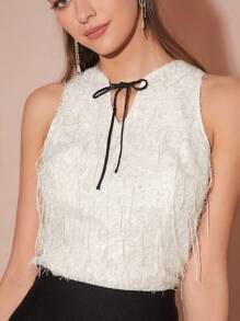 Enchnt 女士优雅纯色流苏系带领吊带背心 - 杏色 - 查看 3