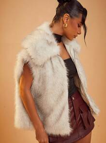 SHEIN Unity Fluffy VEST COAT WITH COLLAR - Beige - View 8