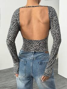 SHEIN EZwear 女士新款豹纹露背长袖修身 T 恤 - 灰色 - 查看 3