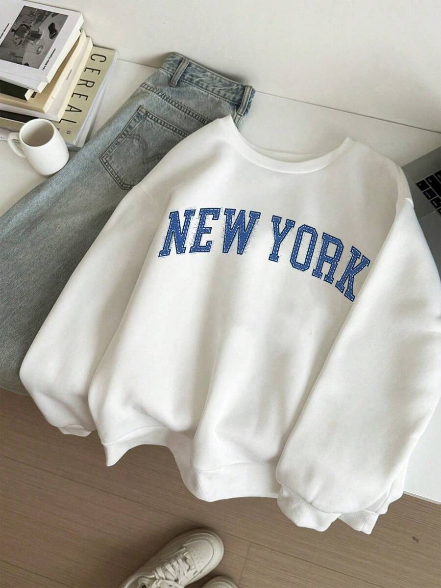 Muchica Casual Minimalist Letter Print Pattern Crew Neck Long Sleeve Thick Loose Fit Women Sweatshirt For Autumn/Winter - White - View 1