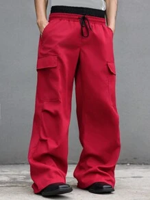 Manfinity Roghcode Men's Simple Front Tie Pocket Design Loose Waisted Casual Long Pants - Red - View 4