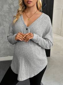 SHEIN Camiseta casual de manga larga de botones y media solapa en unicolor para maternidad, otoño/invierno