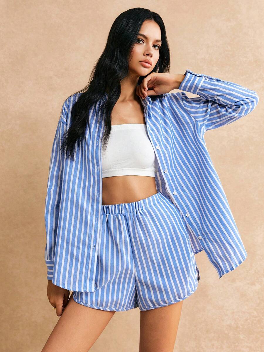 Poéselle Cotton Striped Print Drop Shoulder Shirt & Shorts Without Tube Top - Blue and White - View 1