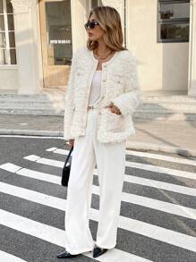 Serisse Women's Long Sleeve Metal Button Fluffy Crew Neck Tweed Pocket Patchwork Simplistic Warm Plush Lambswool Elegant Coat, Winter,Warm Brushed Jacket,Winter Women Outfits,Fall Winter Warm Long Sleeve,Flannel Coat,Little Fragrance Warm Brushed Fake Fur Coat,Winter Women Outfits,Casual Everyday Wear,Commuter,Minimalist,Office,Old Money,Ins KOL Wear - Beige - View 5