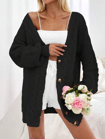 EURMUSE Women Knitwear Cable Knit Detailed Regular Size Cardigan