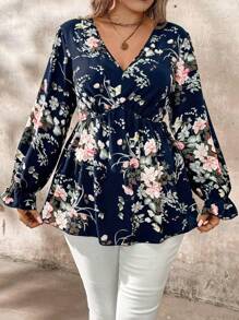 EMERY ROSE Camisa de talla grande con estampado floral todo sobre para otoño, top con volante