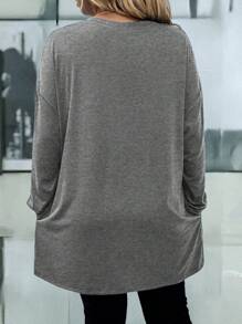 EMERY ROSE Plus Size Women Solid Color Round Neck Drop Shoulder Long Sleeve Pocket Loose Casual T-Shirt, Autumn - Dark Grey - View 2