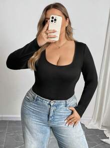 SHEIN CURVE+ Plus Size Plain Crew Neck Tight Fitting Sexy Long Sleeve Bodysuit