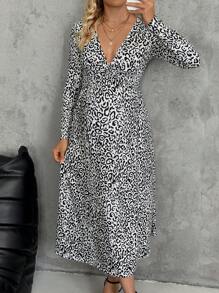 SHEIN Pregnant Women Casual Elegant Deep V-Neck Leopard Print Long Sleeve Dress, Autumn, For Maternity - Multicolor - View 4