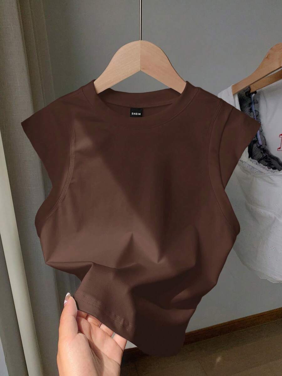 SHEIN Comfortcana Áo thun nữ cổ tròn trơn tay ngắn thường ngày, áo thu hè - màu nâu - Xem 1