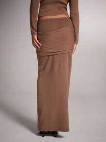 SHEIN BAE 1set Women Solid Color Twist Ribbed Knit Maxi Sweater With Skirt Brown Vintage Warm And Skin-Friendly Soft Strappy Sweater Skirt Mermaid Skirt Hollowed Costumes Thanksgiving Women Outfit Halloween Women Costumes Women Costumes Concert Women Outfit