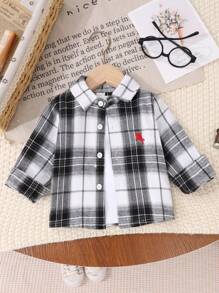 男婴休闲时尚西部牛仔刺绣格子长袖纽扣衬衫，适合居家、休闲和外出 - 黑與白 - 查看 1