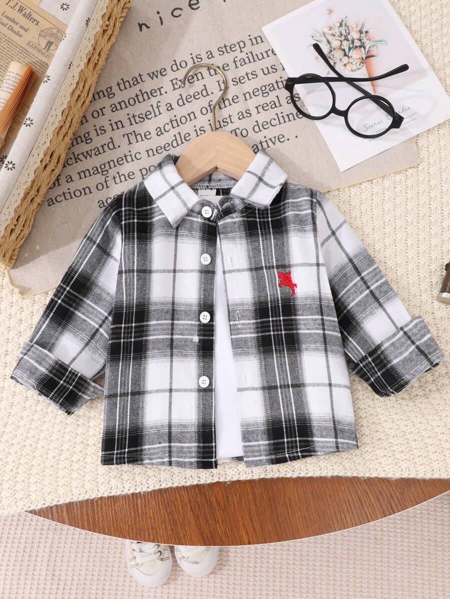 男婴休闲时尚西部牛仔刺绣格子长袖纽扣衬衫，适合居家、休闲和外出 - 黑與白 - 查看 1