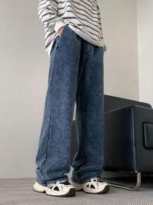 Claim Dot Men's Light Blue Distressed Wide Leg Denim Knit Jeans - Light Wash - View 4