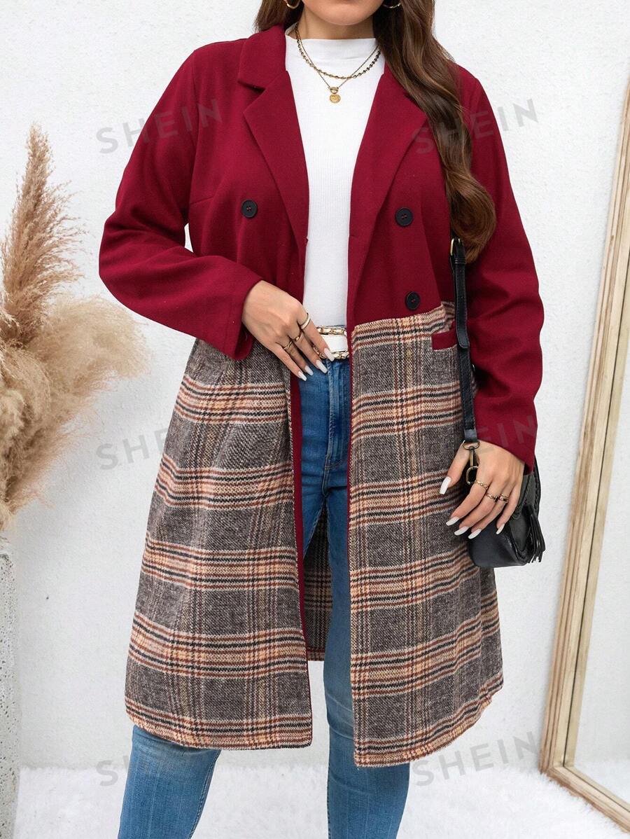 SHEIN LUNE Abrigo cruzado de talla grande con patchwork a cuadros