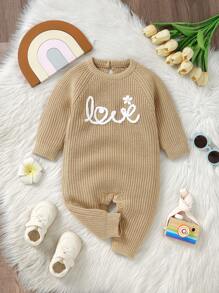 婴幼儿字母图案圆领长袖简约休闲针织连体衣 - 卡其色 - 查看 4